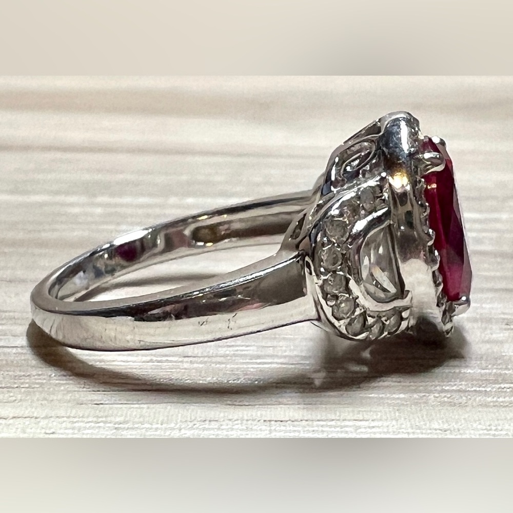 Designer Signed FE Sterling Silver Red & Clear Cubic Zirconia Halo Ring, Size 7 - Picture 6 of 11